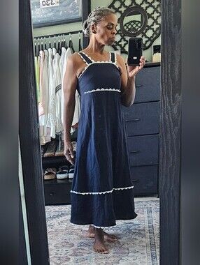 Cynthia Rowley Navy Maxi Dress with White Scallop Trim #926
